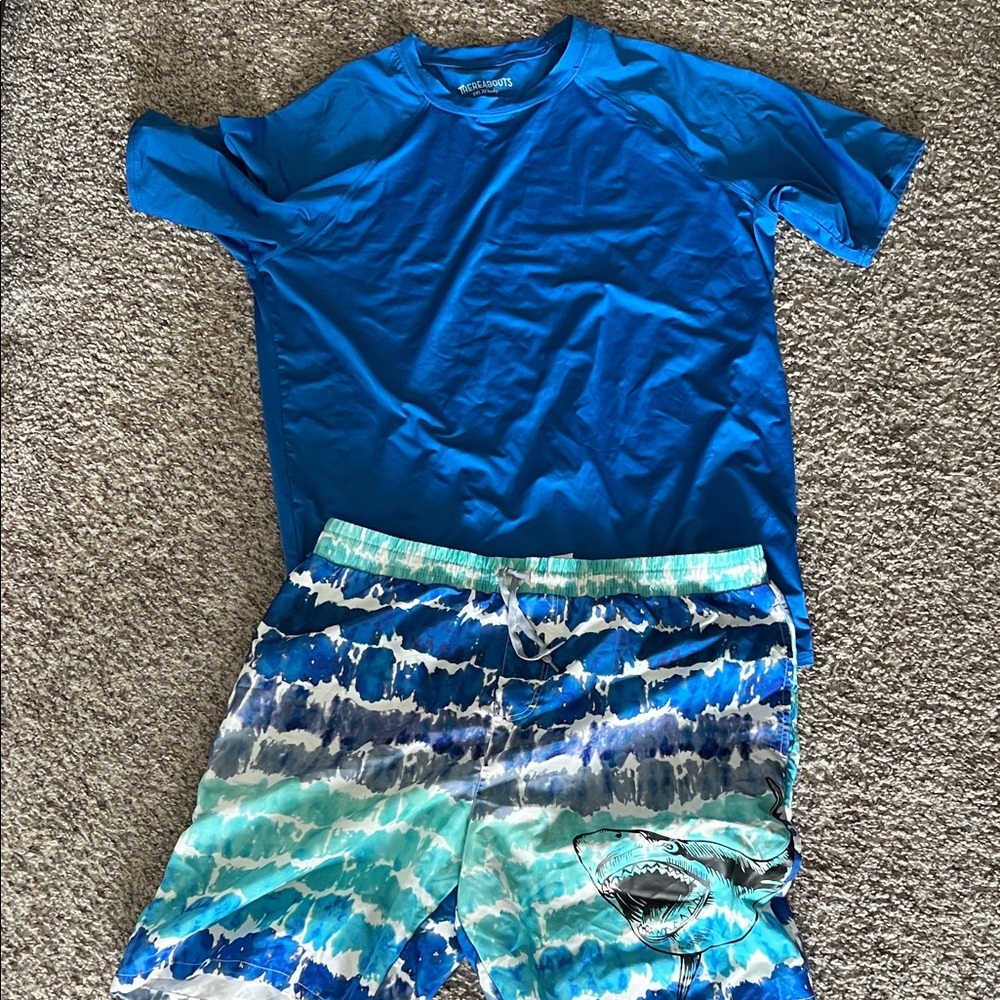 Men's Blue Rash Guard and Shark-Print Swim Shorts Set